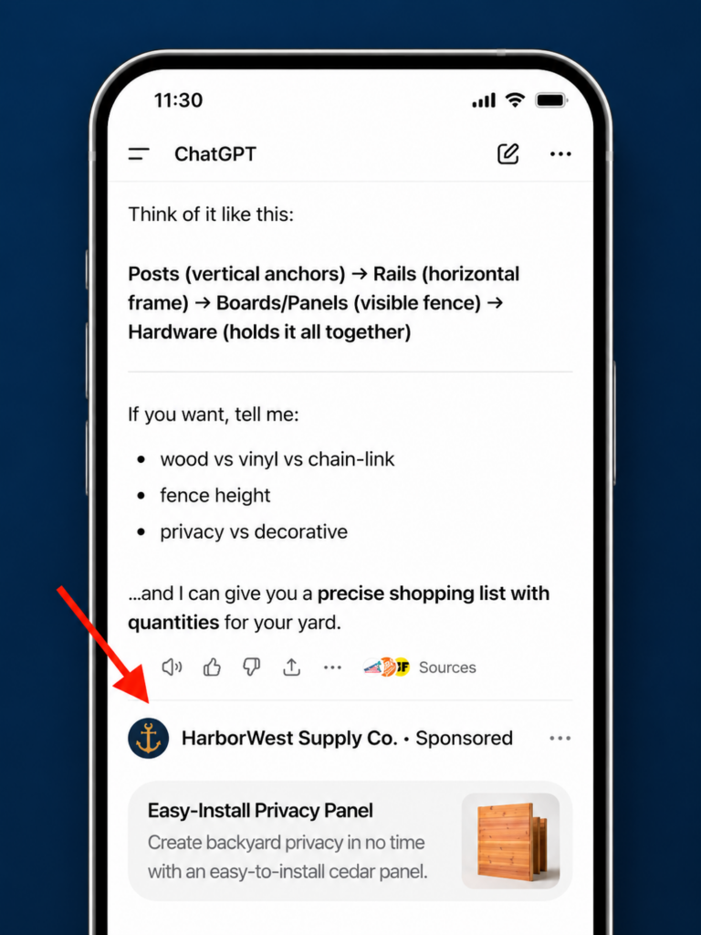 Mobile ChatGPT interface showing a sponsored ad placement below an AI-generated response