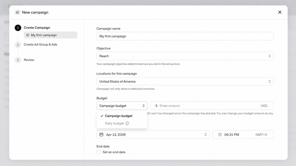 ChatGPT Ads Manager preview showing new campaign setup with objective, location, budget, and start date fields